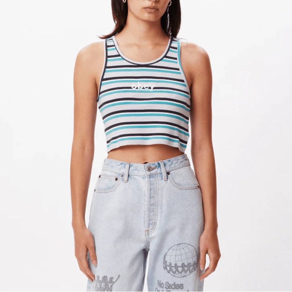 Obey Womens Glade Tank Top size medium Striped Blue and Black